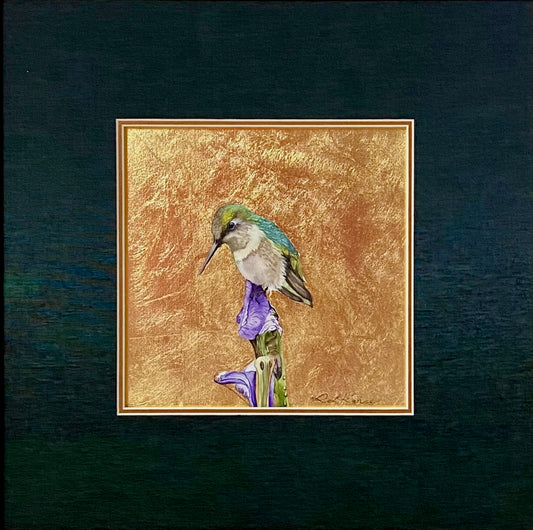 "LITTLE JEWEL OF THE FOREST 14" ORIGINAL WATERCOLOR WITH GOLD LEAF/FRAMED