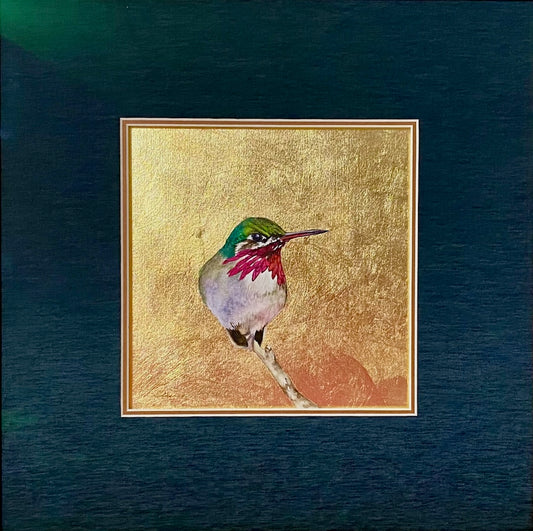 "LITTLE JEWEL OF THE FOREST 15" ORIGINAL WATERCOLOR WITH GOLD LEAF/FRAMED