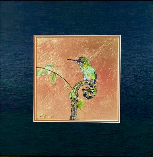 "LITTLE JEWEL OF THE FOREST 16" ORIGINAL WATERCOLOR WITH GOLD LEAF/FRAMED