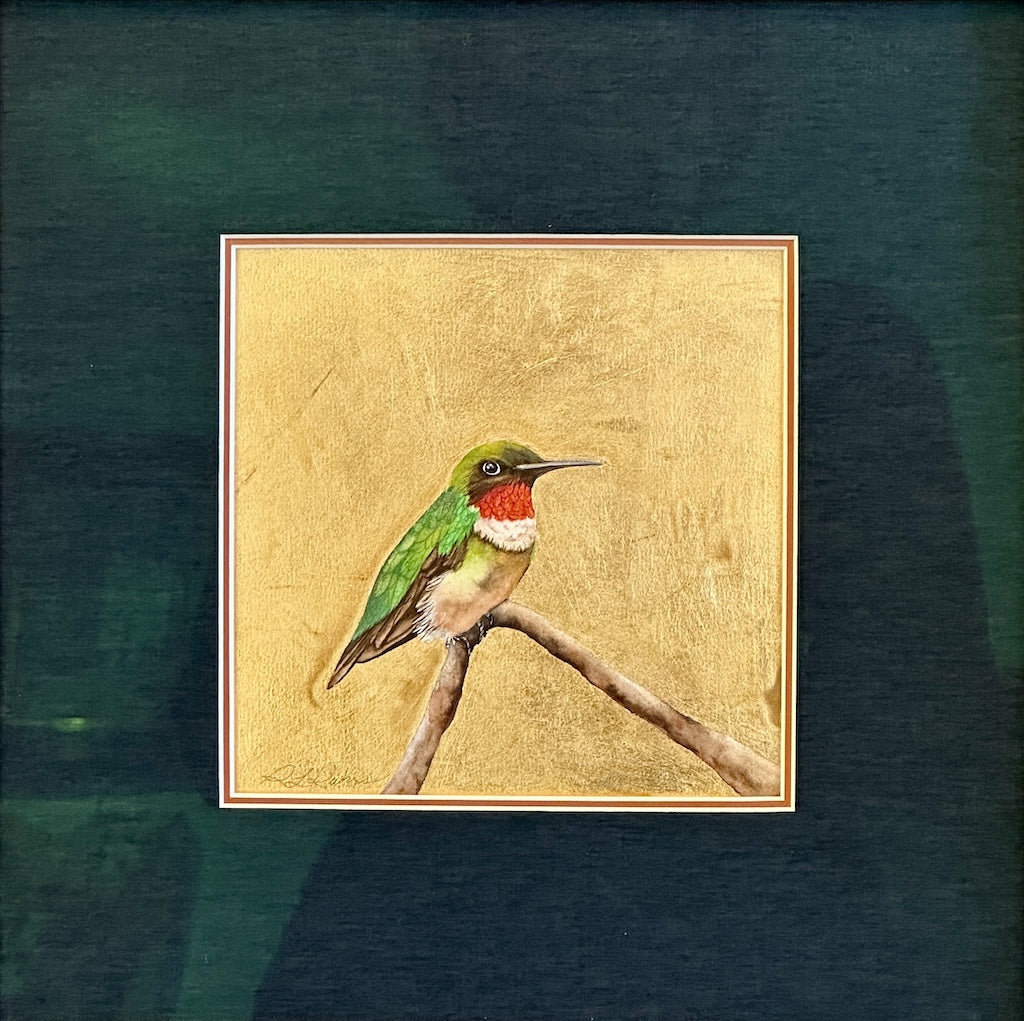 "LITTLE JEWEL OF THE FOREST 19" ORIGINAL WATERCOLOR WITH GOLD LEAF/FRAMED