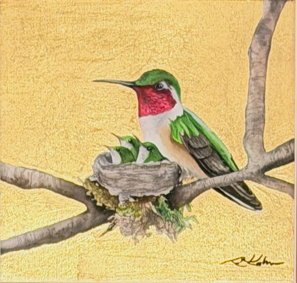 "LITTLE JEWEL OF THE FOREST 27" ORIGINAL WATERCOLOR WITH GOLD LEAF/FRAMED