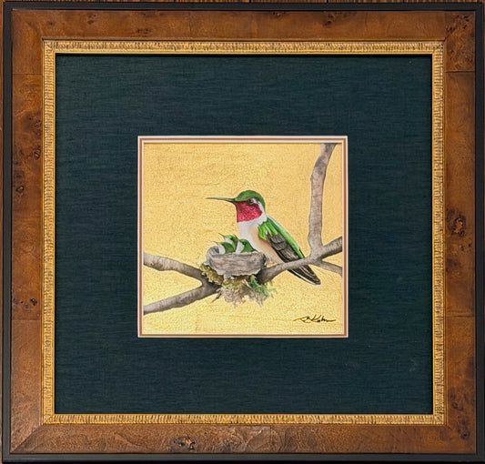 "LITTLE JEWEL OF THE FOREST 27" ORIGINAL WATERCOLOR WITH GOLD LEAF/FRAMED