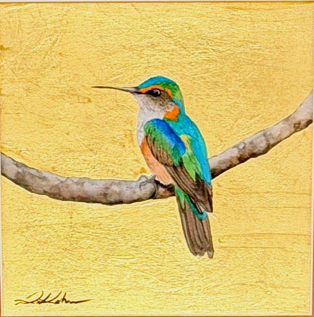 "LITTLE JEWEL OF THE FOREST 29" ORIGINAL WATERCOLOR WITH GOLD LEAF/FRAMED