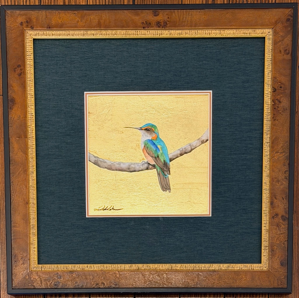 "LITTLE JEWEL OF THE FOREST 29" ORIGINAL WATERCOLOR WITH GOLD LEAF/FRAMED
