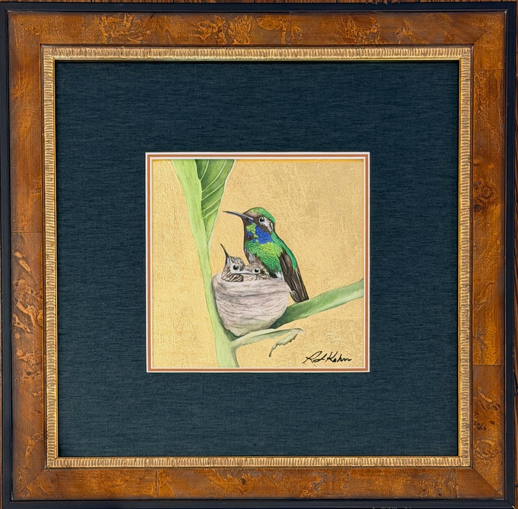 "LITTLE JEWEL OF THE FOREST 30" ORIGINAL WATERCOLOR WITH GOLD LEAF/FRAMED
