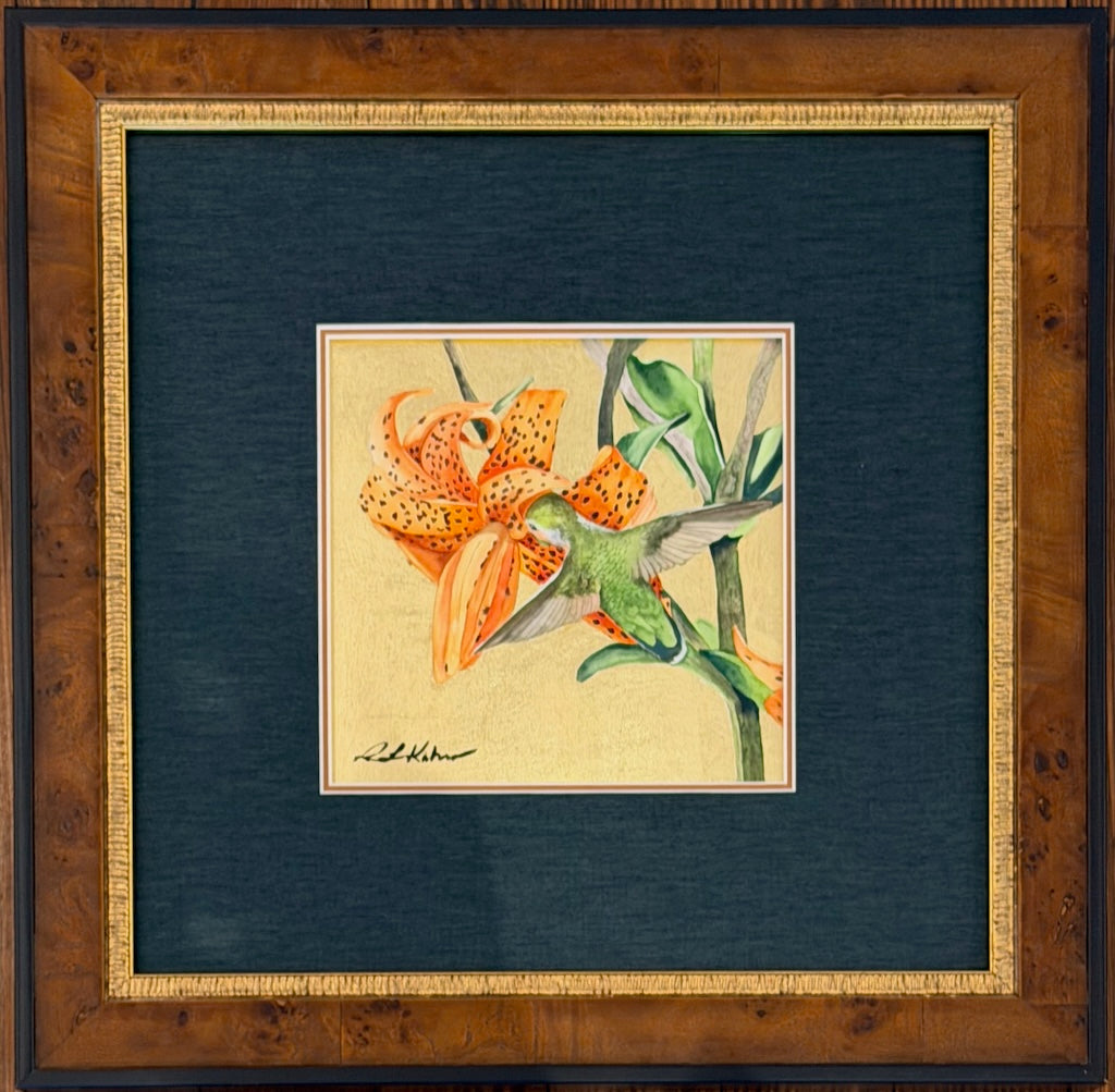 "LITTLE JEWEL OF THE FOREST 31" ORIGINAL WATERCOLOR WITH GOLD LEAF/FRAMED