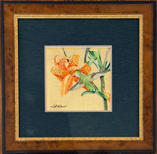 "LITTLE JEWEL OF THE FOREST 31" ORIGINAL WATERCOLOR WITH GOLD LEAF/FRAMED