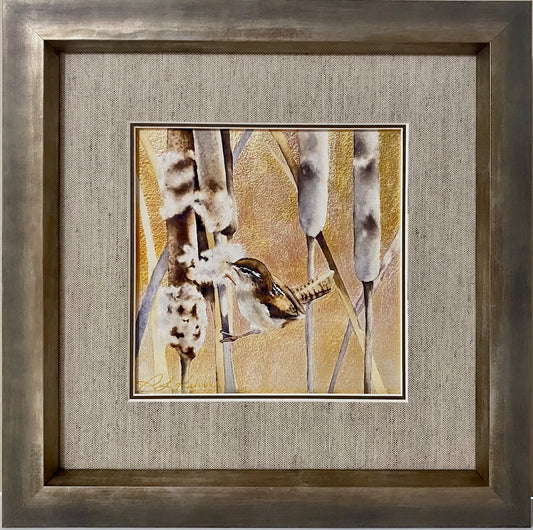 "SPARROW IN AUTUMN LIGHT" ORIGINAL WATERCOLOR WITH SILVER LEAF/FRAMED