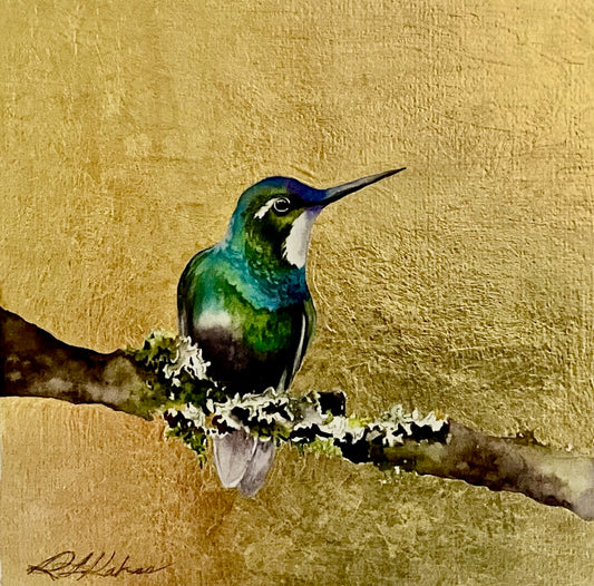 "LITTLE JEWEL OF THE FOREST 20" ORIGINAL WATERCOLOR WITH GOLD LEAF/FRAMED