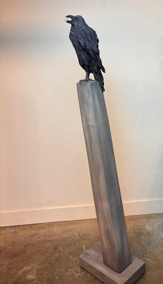 "RAVEN'S GIFT" HAND CARVED WHITE PINE SCULPTURE