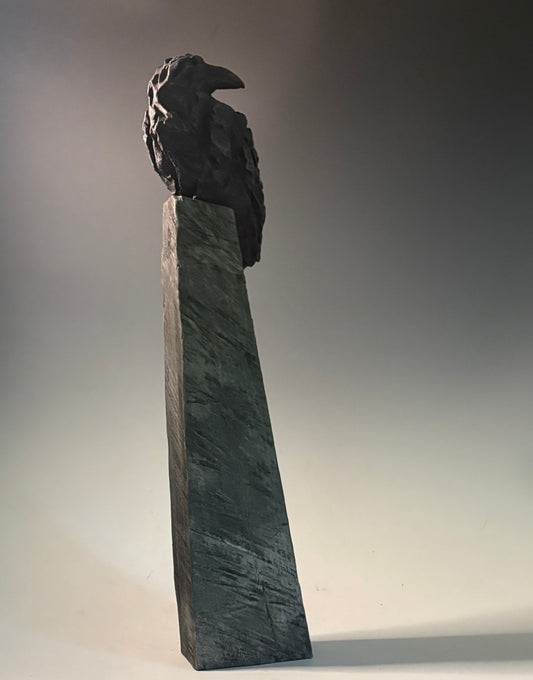 "RAVEN'S INSIGHT" HAND CARVED WHITE PINE WITH CHALK PAINT SCULPTURE