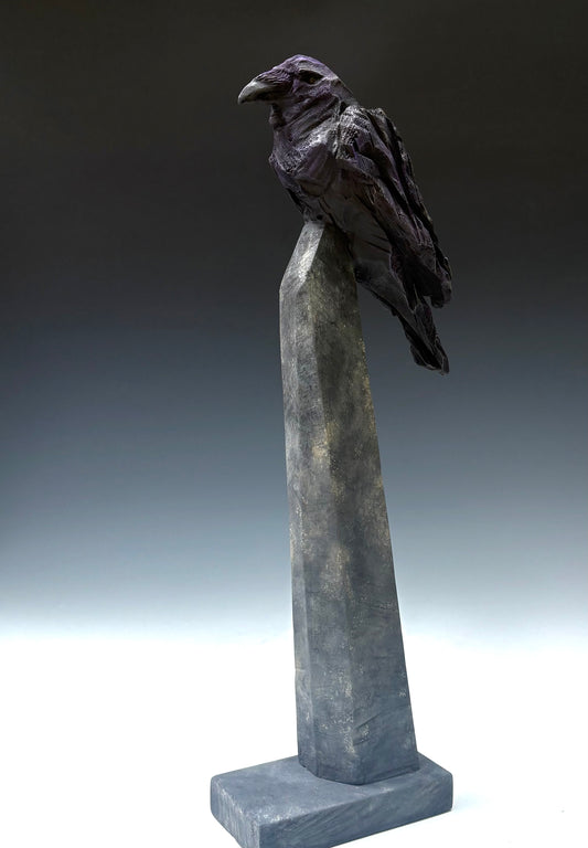 "RAVEN'S WHISPER" HAND CARVED WHITE PINE SCULPTURE WITH CHALK PAINT
