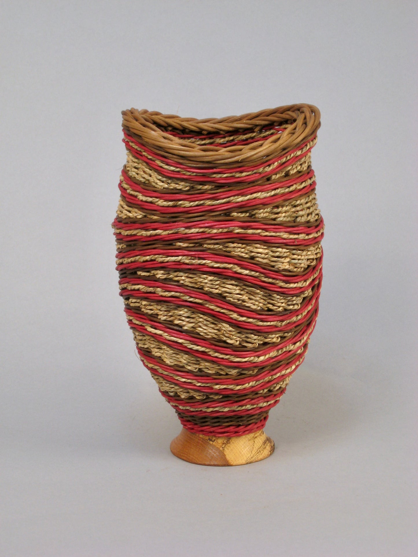 RED STAIRCASE MIXED MEDIA BASKETRY WITH WALNUT TOP AND BASE