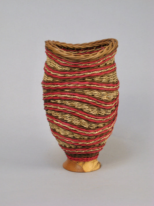 RED STAIRCASE MIXED MEDIA BASKETRY WITH WALNUT TOP AND BASE