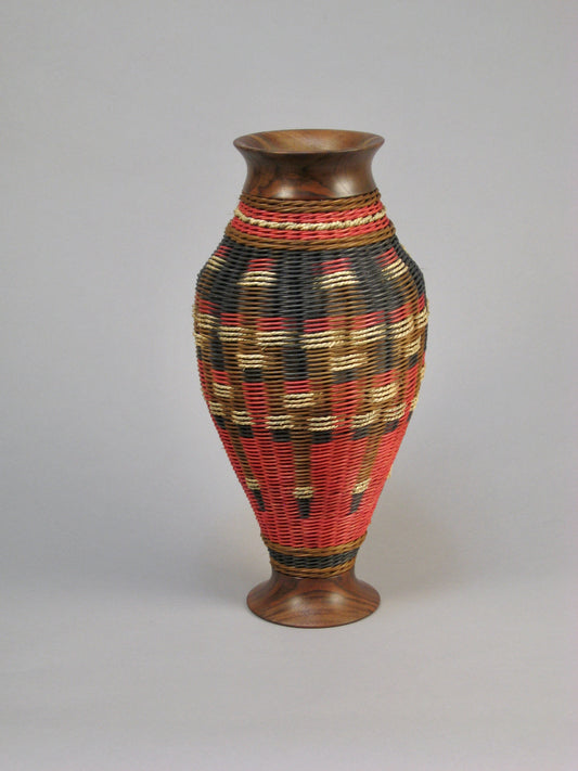 "ROSE INTO BLACK" Mixed Media Basket with Hand Turned Walnut Top Wood Base