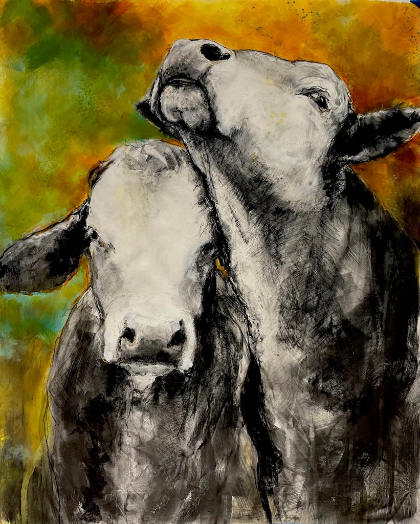 "BLISSFUL FRIENDSHIP UNDER RADIANT SKIES" ORIGINAL MIXED MEDIA DRAWING/FRAMED