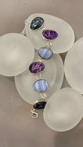 LABRADORITE, BLUE LACE AGATE AND CHAROITE STERLING SILVER BRACELET B3090