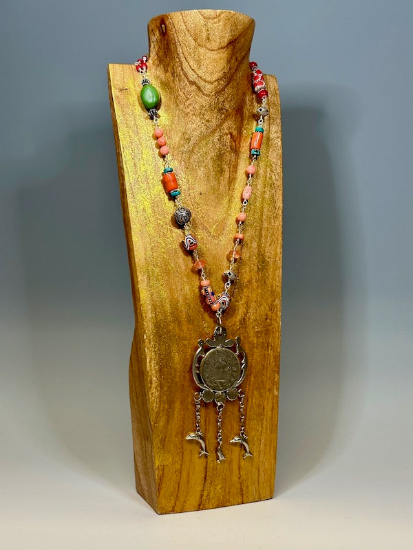 CHACHAL, AFRICAN BEADS, STERLING SILVER, TURQUOISE AND CORAL NECKLACE N3099
