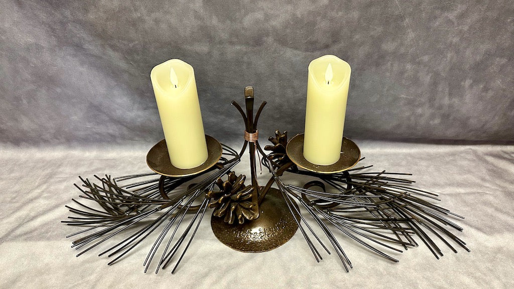 2 CANDLE HAND FORGED PINE CONE CENTERPIECE