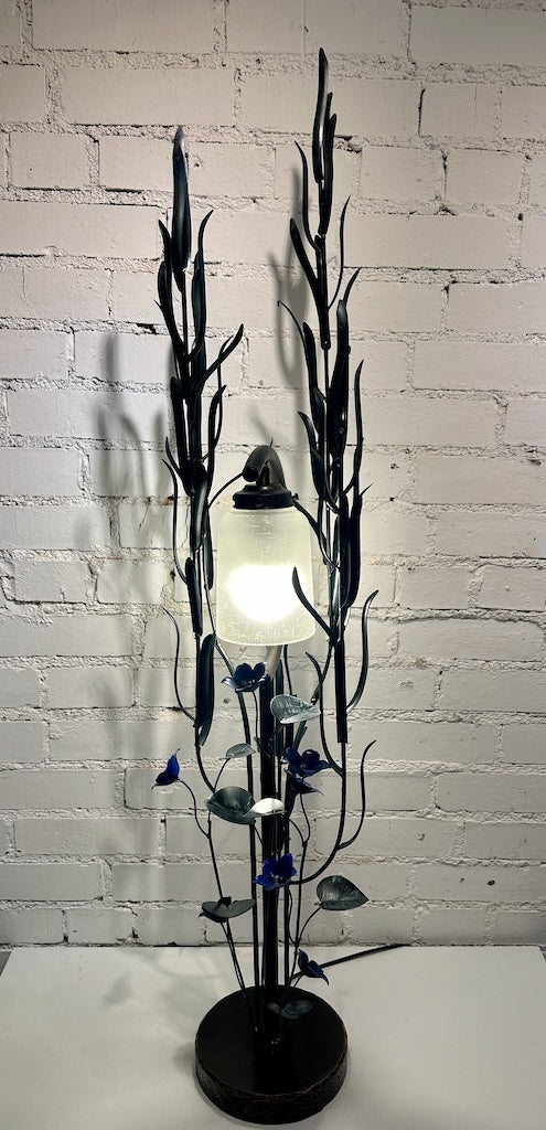 BLUE 5 PETAL WILDFLOWER FIELD STUDY HAND FORGED METAL LAMP
