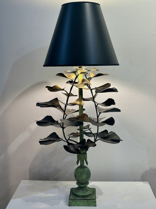 BRONZE/GREEN GINGKO HAND FORGED METAL LAMP