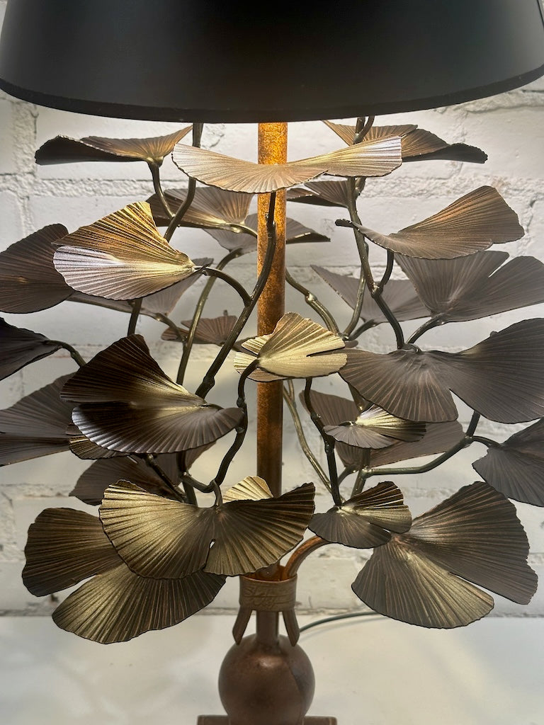 Bronze Handmade Gingko Table Lamp with Black Shade