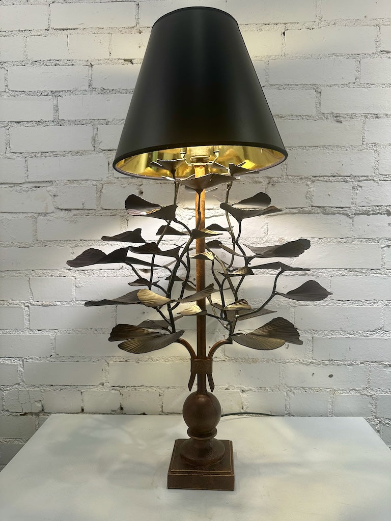 Bronze Handmade Gingko Table Lamp with Black Shade