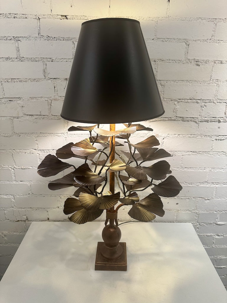 Bronze Handmade Gingko Table Lamp with Black Shade