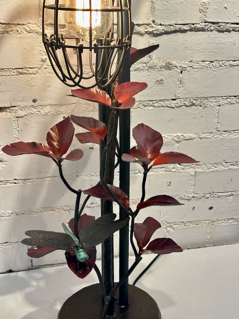 CATTAIL WITH RED LEAVES FIELD STUDY HAND FORGED METAL LAMP