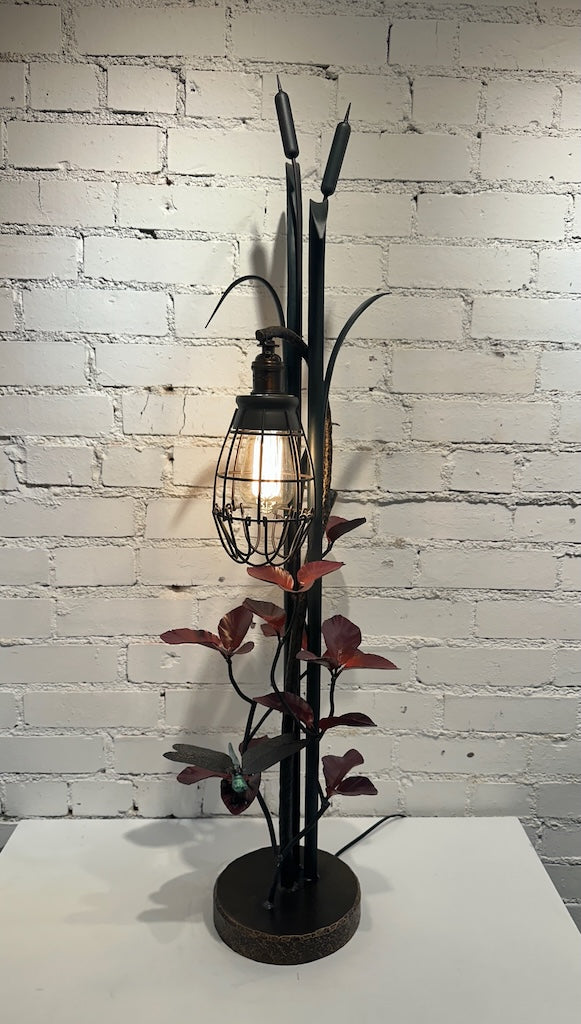 CATTAIL WITH RED LEAVES FIELD STUDY HAND FORGED METAL LAMP