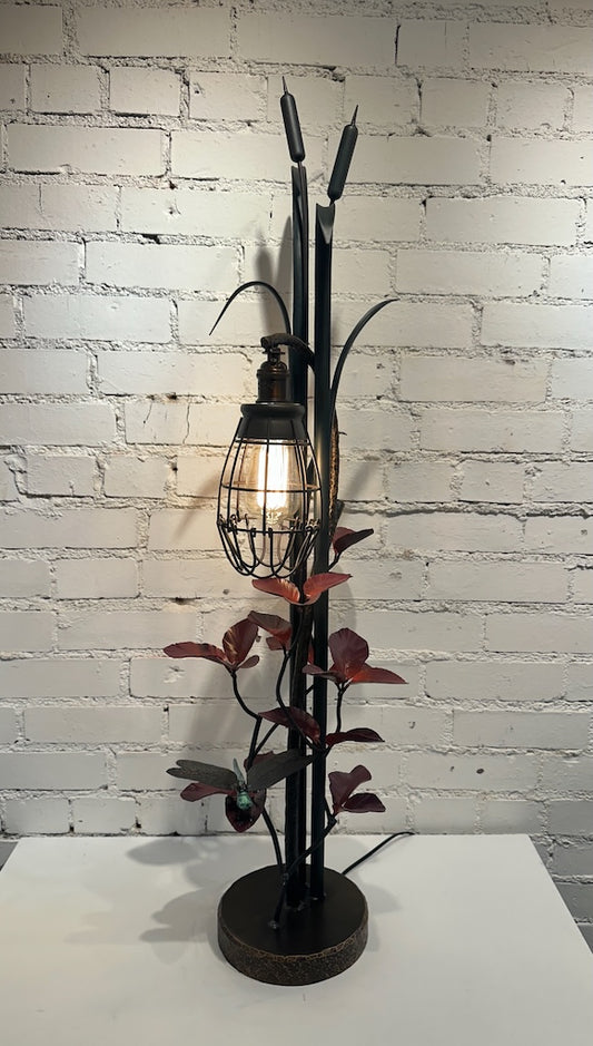 CATTAIL WITH RED LEAVES FIELD STUDY HAND FORGED METAL LAMP
