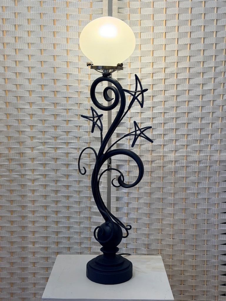 CELESTIAL STARS & SWIRLS HAND FORGED METAL LAMP WITH FROSTED GLOBE