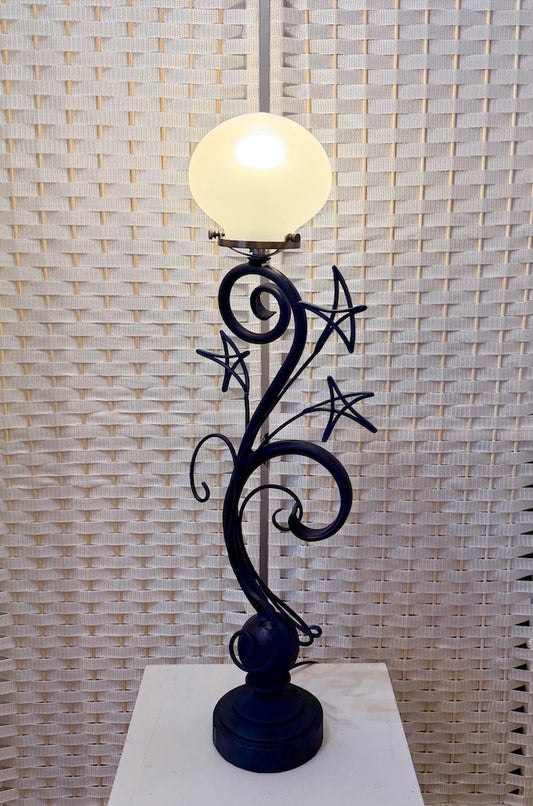 CELESTIAL STARS & SWIRLS HAND FORGED METAL LAMP WITH FROSTED GLOBE