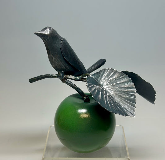 "Small Dark Green Apple and Wren" Hand Forged Metal Sculpture