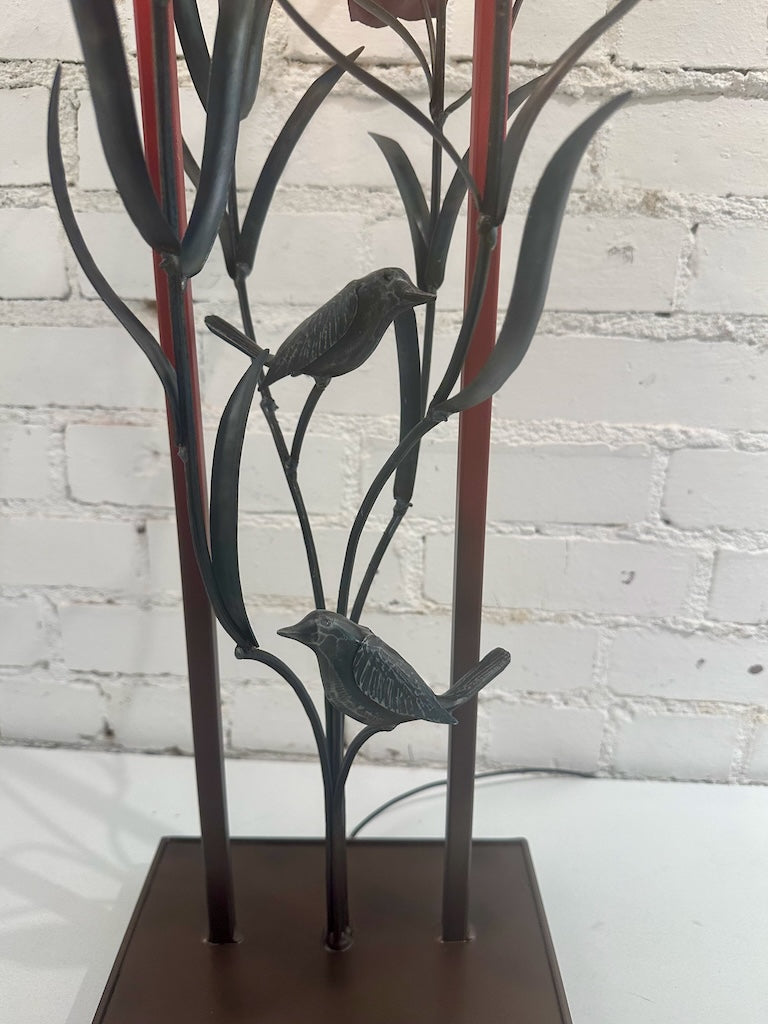 DARK RED BLOOM HAND FORGED LAMP WITH FROSTED SHADE