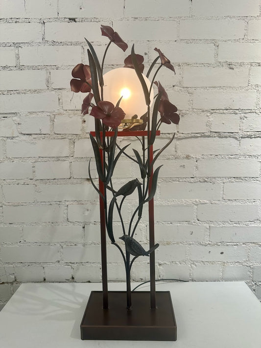 DARK RED BLOOM HAND FORGED LAMP WITH FROSTED SHADE