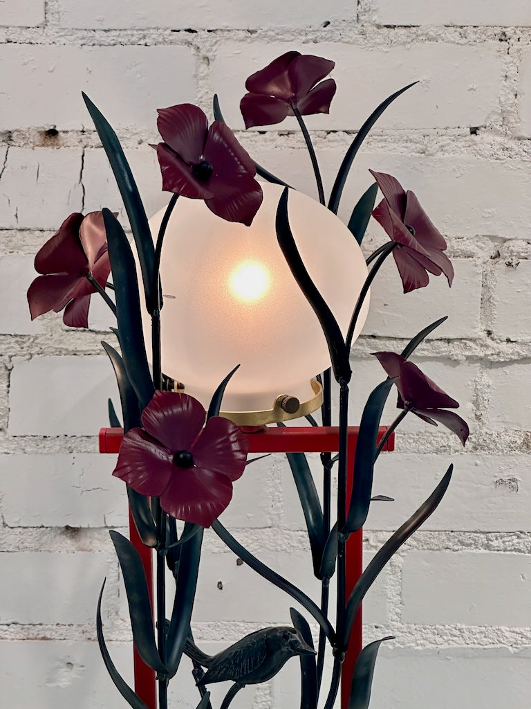 DARK RED BLOOM HAND FORGED LAMP WITH FROSTED SHADE