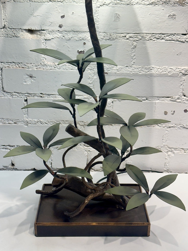DUSTY GREEN LAUREL LEAF HAND FORGED METAL LAMP WITH SHADE