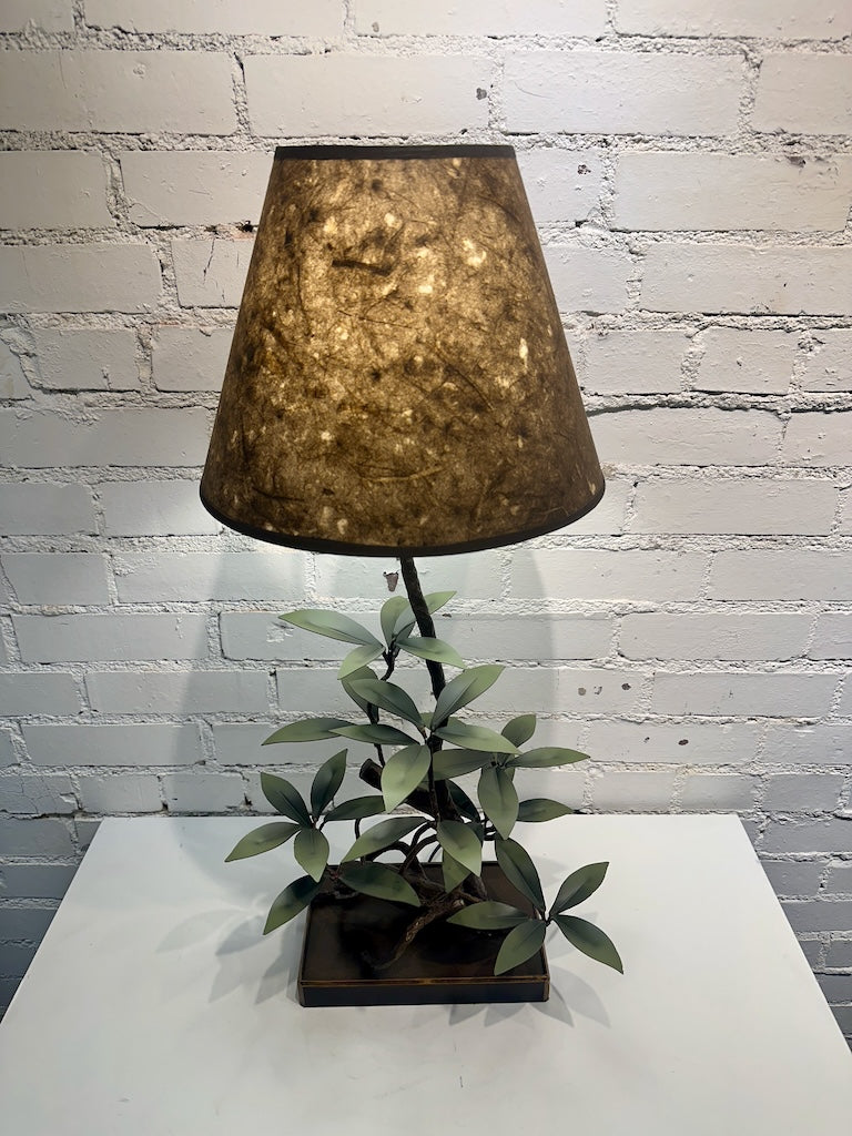 DUSTY GREEN LAUREL LEAF HAND FORGED METAL LAMP WITH SHADE