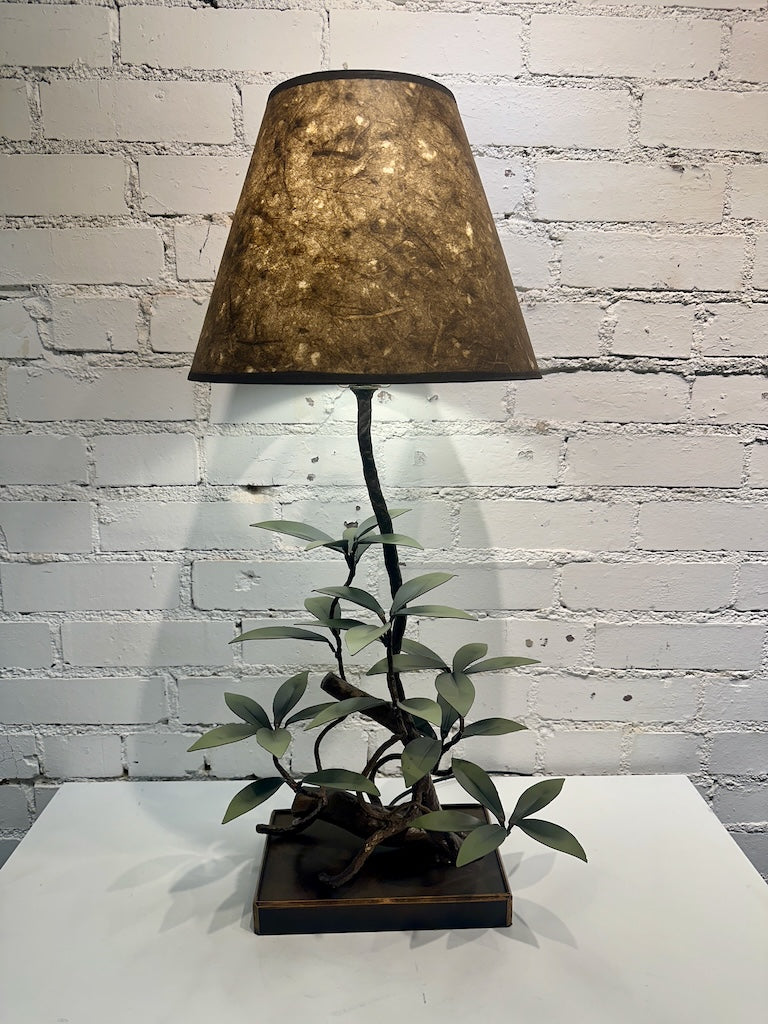 DUSTY GREEN LAUREL LEAF HAND FORGED METAL LAMP WITH SHADE