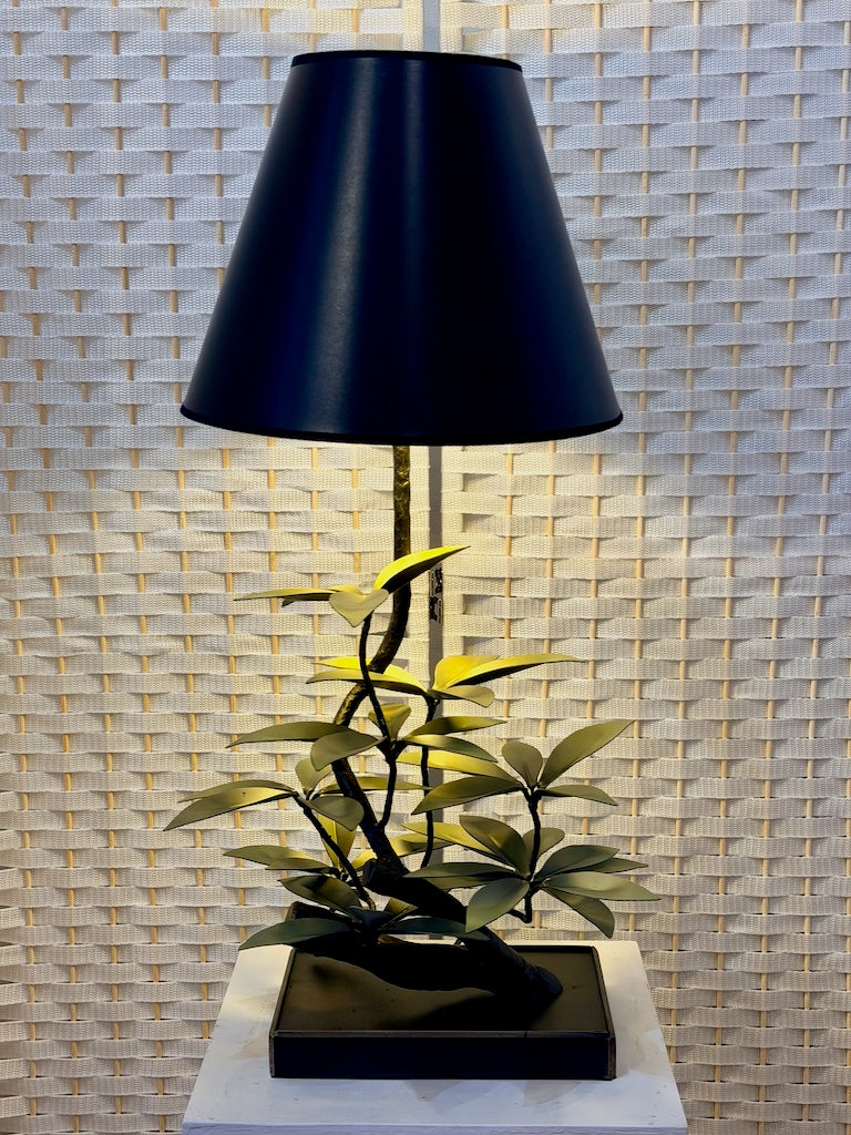 DUSTY GREEN LAUREL LEAF HAND FORGED METAL LAMP WITH BLACK SHADE