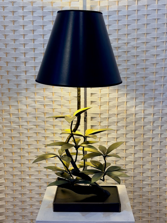 DUSTY GREEN LAUREL LEAF HAND FORGED METAL LAMP WITH BLACK SHADE
