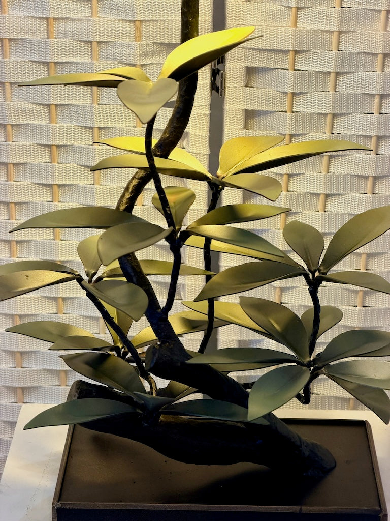 DUSTY GREEN LAUREL LEAF HAND FORGED METAL LAMP WITH BLACK SHADE