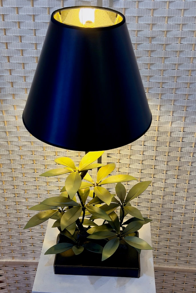 DUSTY GREEN LAUREL LEAF HAND FORGED METAL LAMP WITH BLACK SHADE