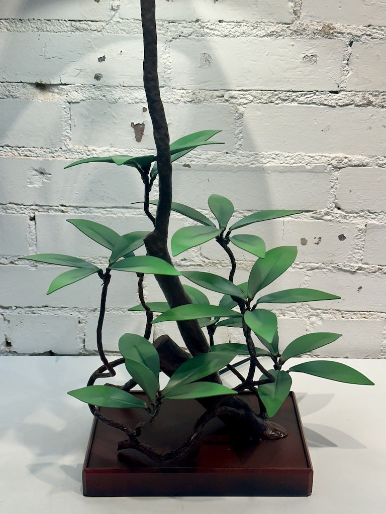 FOREST GREEN LAUREL LEAF HAND FORGED METAL LAMP WITH SHADE