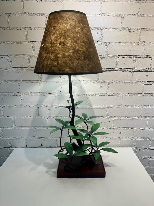 FOREST GREEN LAUREL LEAF HAND FORGED METAL LAMP WITH SHADE