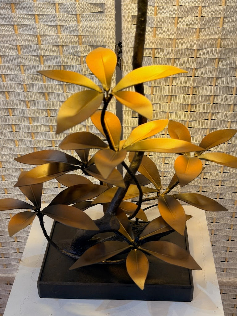 GOLDEN BROWN LAUREL LEAF HAND FORGED METAL LAMP WITH BLACK SHADE