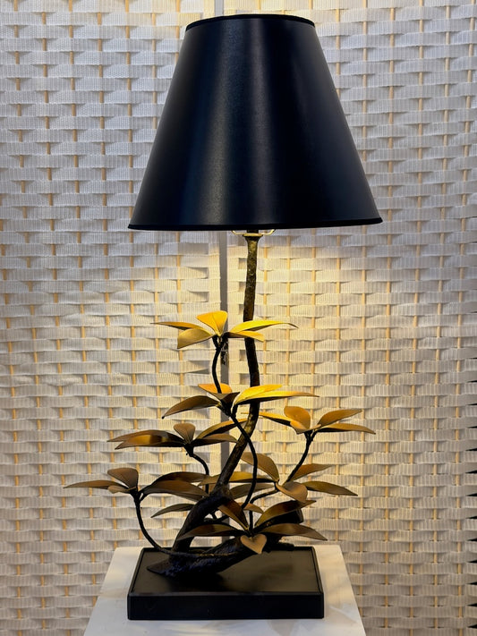 GOLDEN BROWN LAUREL LEAF HAND FORGED METAL LAMP WITH BLACK SHADE