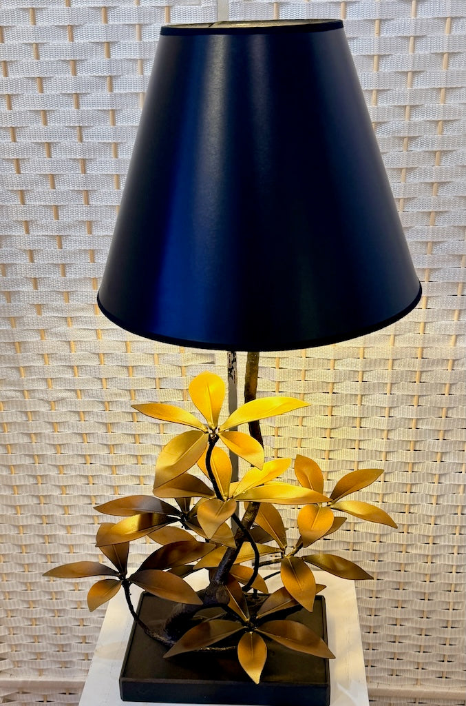 GOLDEN BROWN LAUREL LEAF HAND FORGED METAL LAMP WITH BLACK SHADE