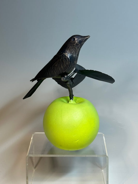 "Small Green Apple and Wren" Hand Forged Metal Sculpture